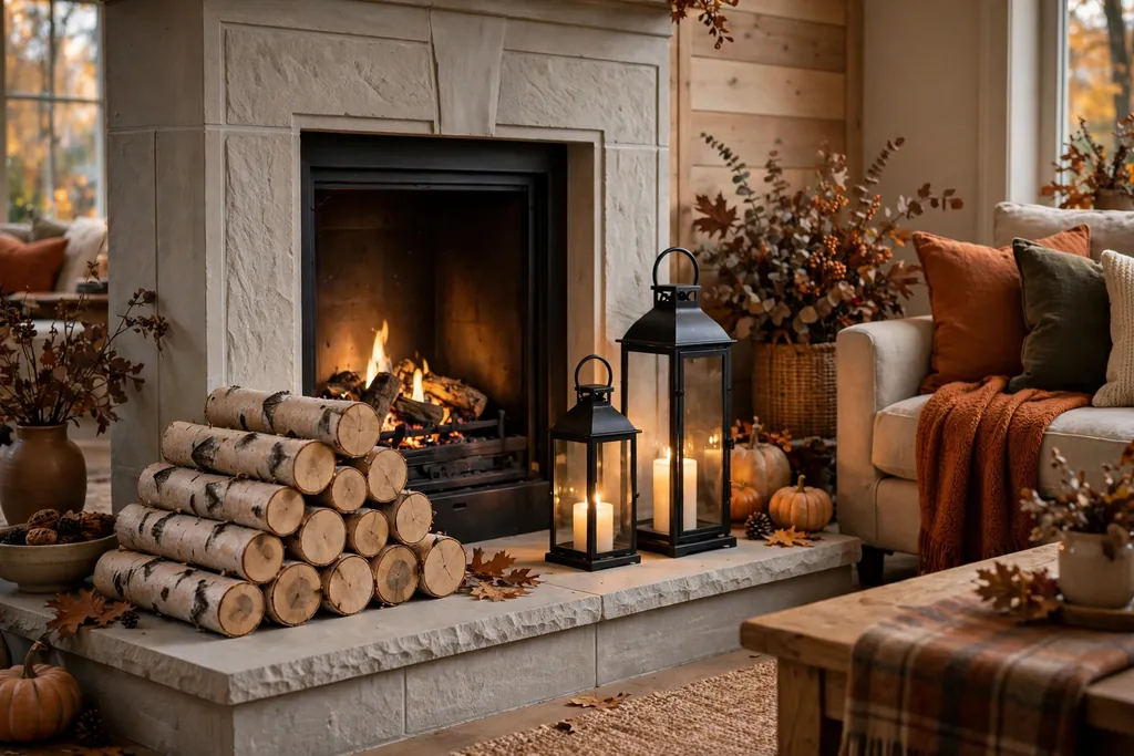 Fireplace hearth with stacked birch logs and lanterns
