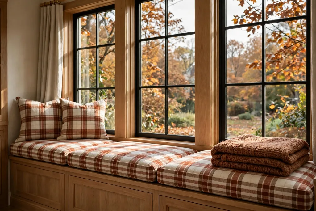 Window seat with plaid cushions and a folded knit blanket