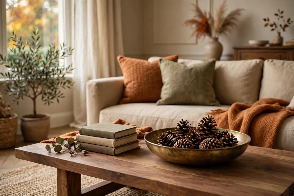 Coffee table with a brass bowl filled with pinecones