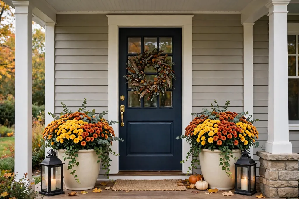 Front porch with cream planters of mums and lanterns beside the door