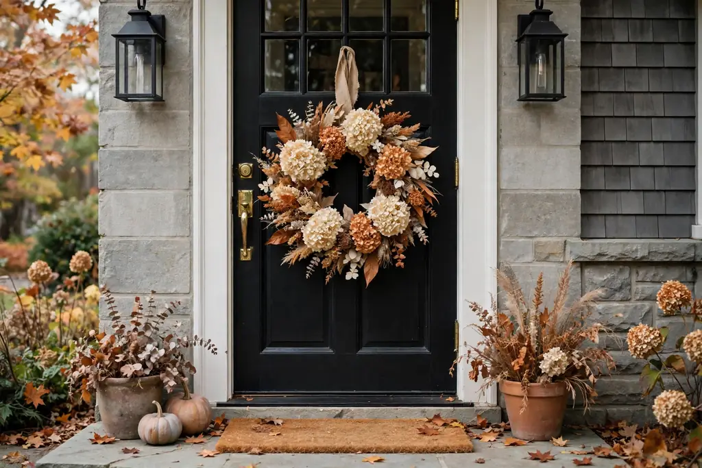 Front door decorated with a dried hydrangea wreath