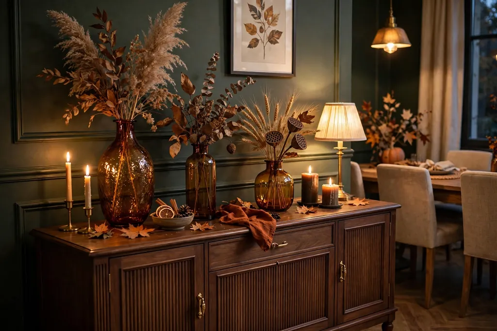 Sideboard styled with amber glass vases and candles