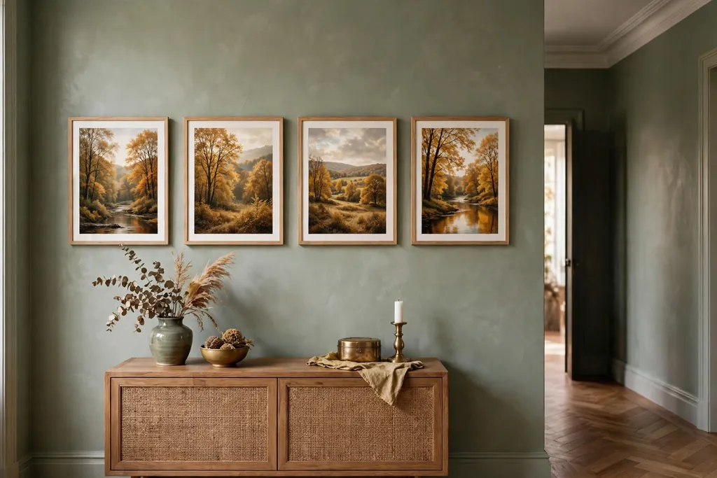 Hallway with framed autumn landscape prints in wood frames