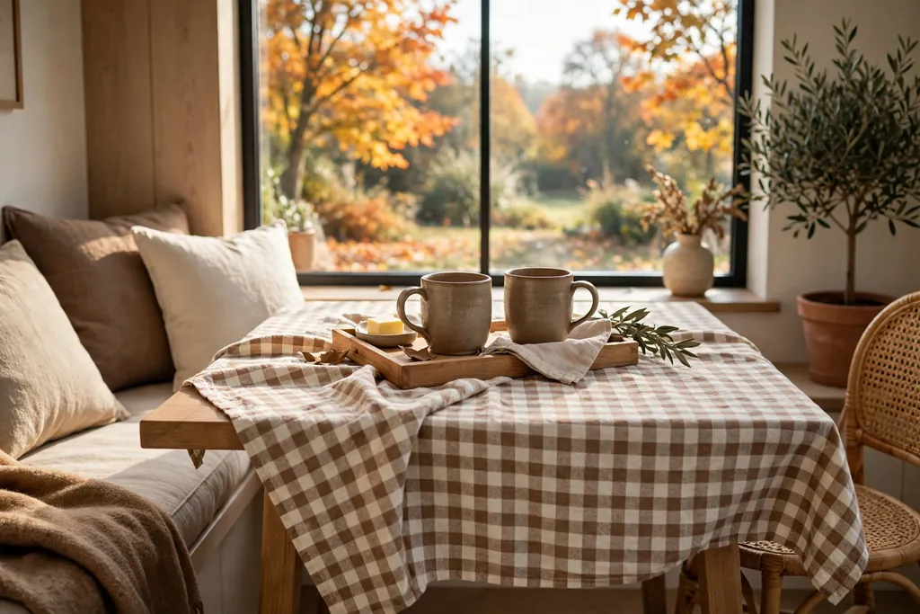 Breakfast nook table with a checked cloth and ceramic mugs