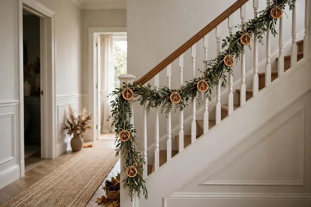Stair rail decorated with a greenery garland and dried orange slices
