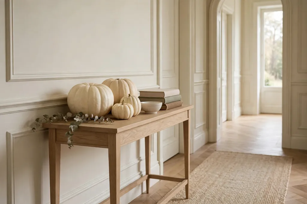 Console table styled with cream and ivory pumpkins and a stack of books