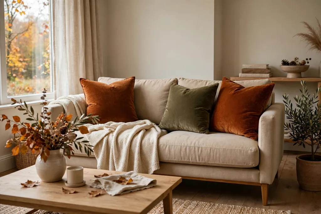 Sofa with rust and olive velvet cushions in a calm living room
