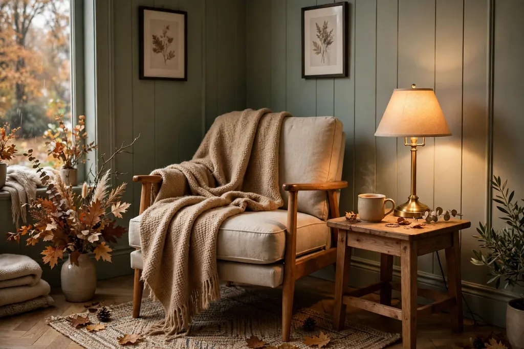 Reading chair draped with a camel wool throw beside a side table and lamp