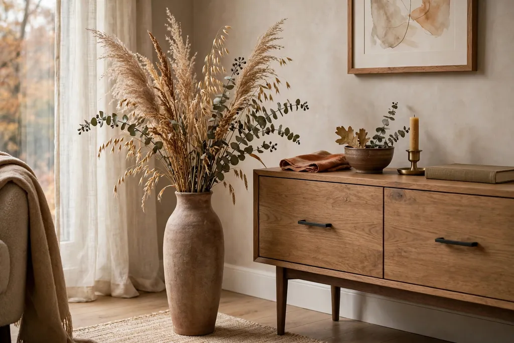 Tall vase filled with dried grasses and eucalyptus stems