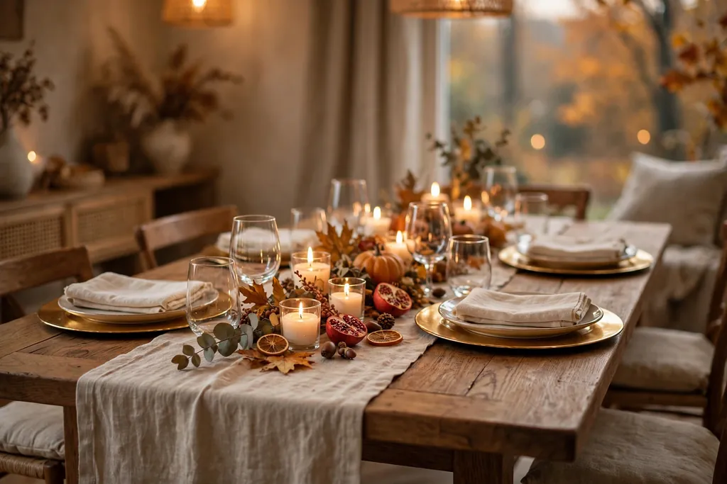 Dining table set with a linen runner, gold chargers, and cream napkins