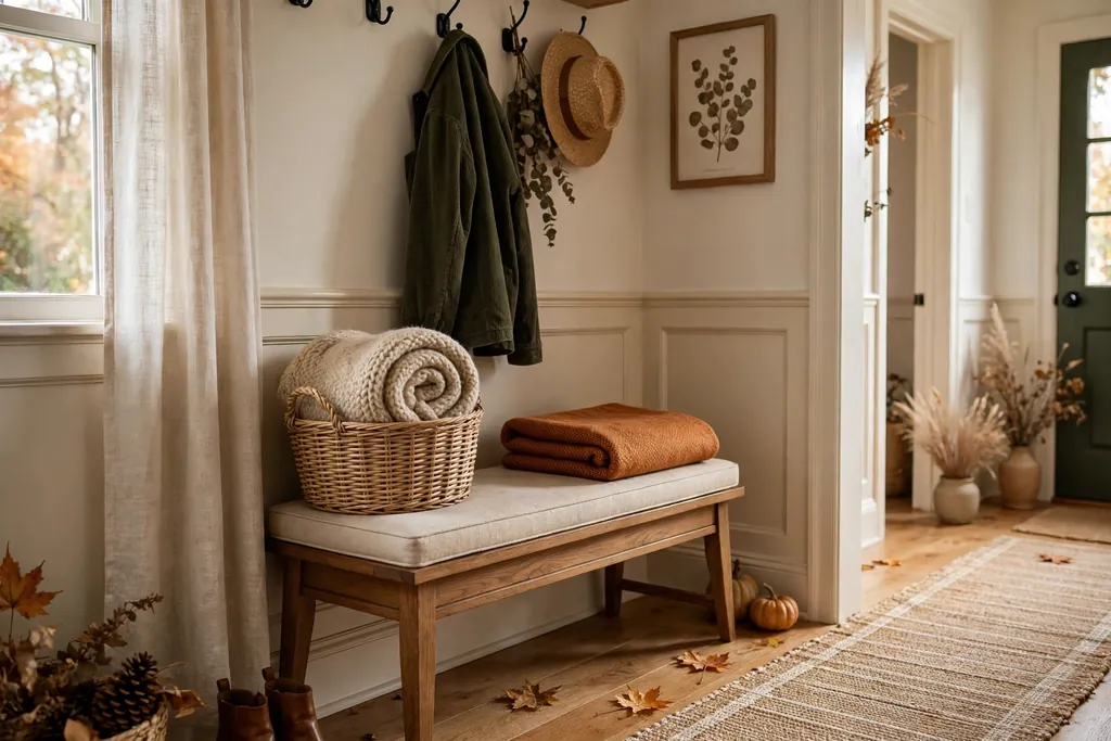 Entry bench with a woven basket and folded wool throw