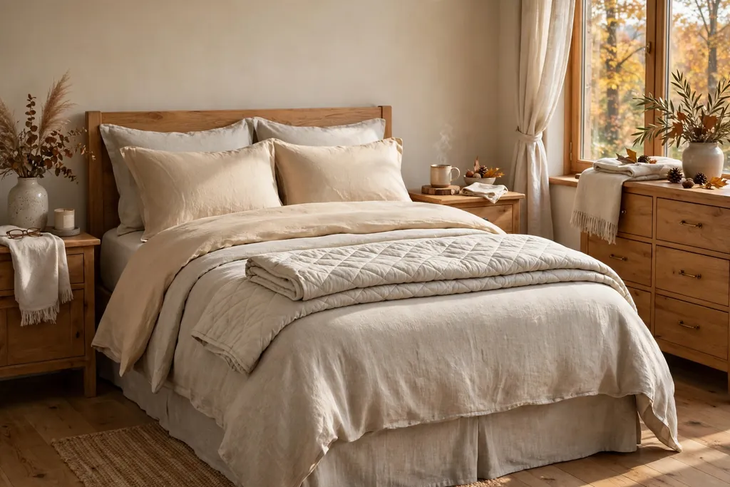 Bedroom with champagne and oatmeal bedding layers and a folded quilt