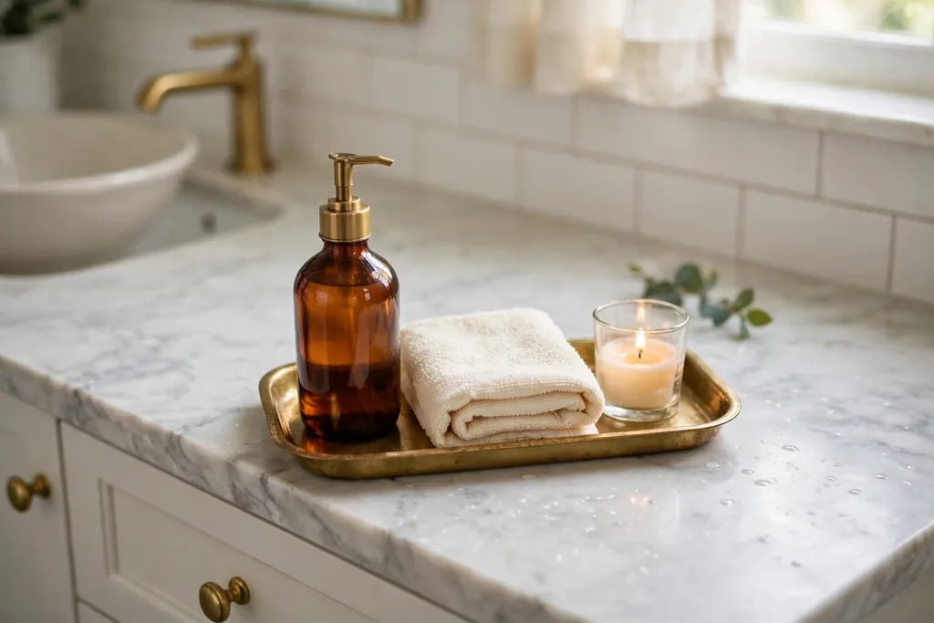 Guest bathroom counter with a brass tray, amber glass bottle, and folded towel