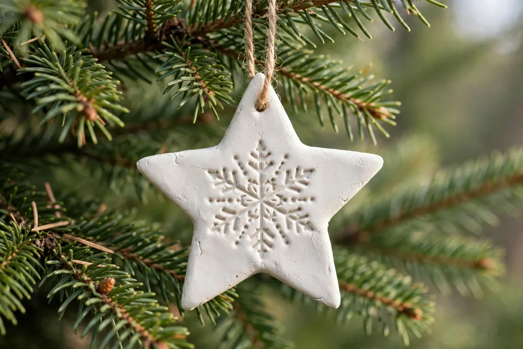 White clay star ornament with a stamped snowflake pattern hanging on a tree branch.
