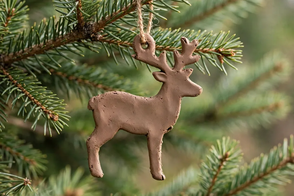 Brown clay reindeer cutout ornament hanging on a tree branch.