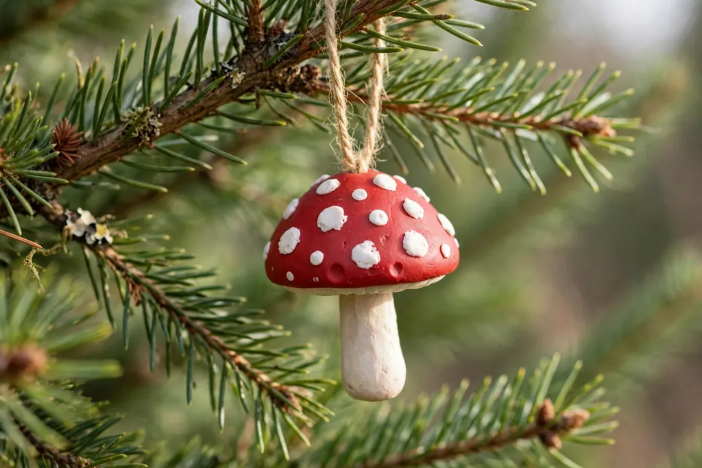 Polymer clay mushroom ornament with a red cap and white dots hanging on a tree branch.