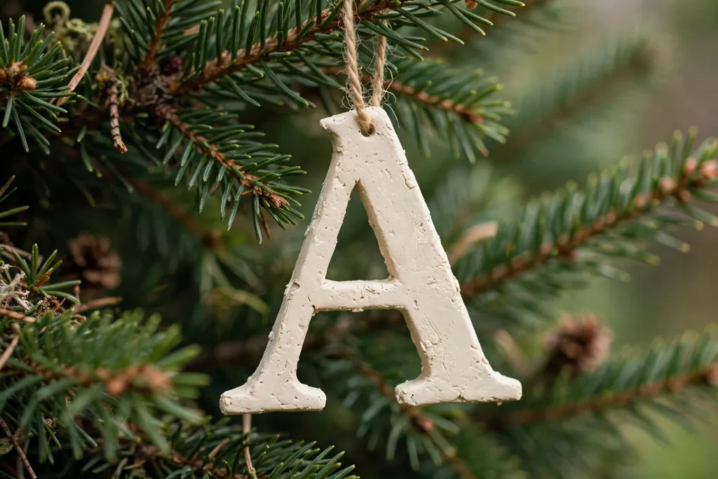 Cream clay monogram initial ornament hanging on a tree branch.