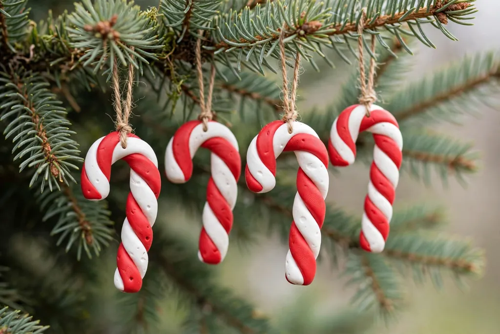 Red and white polymer clay candy cane ornaments hanging on a tree branch.