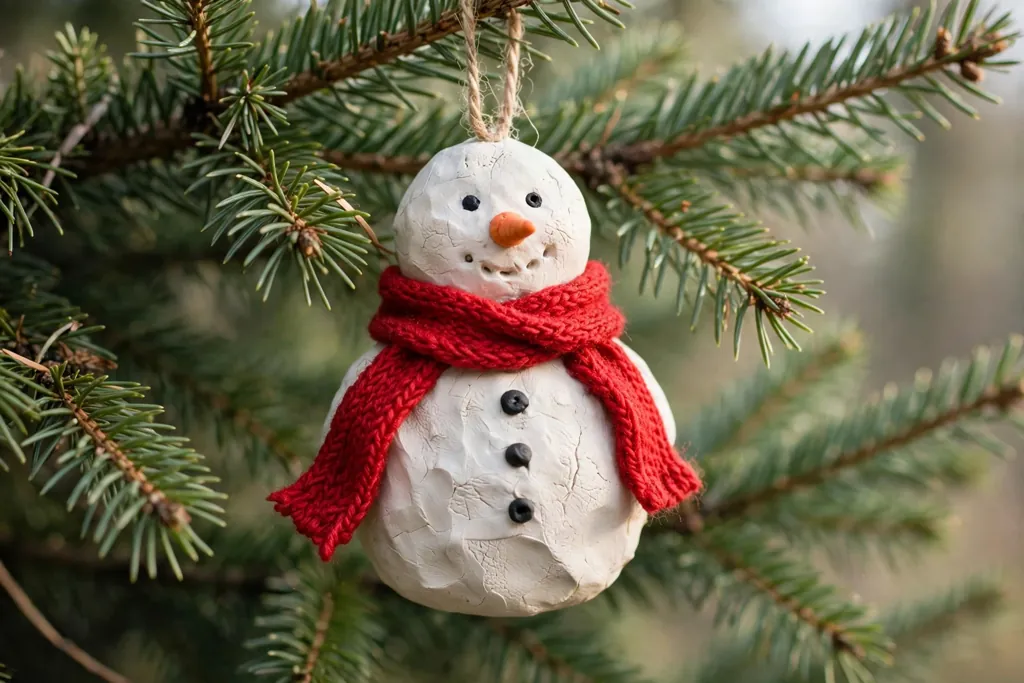 Sculpted clay snowman ornament with a red scarf hanging on a tree branch.