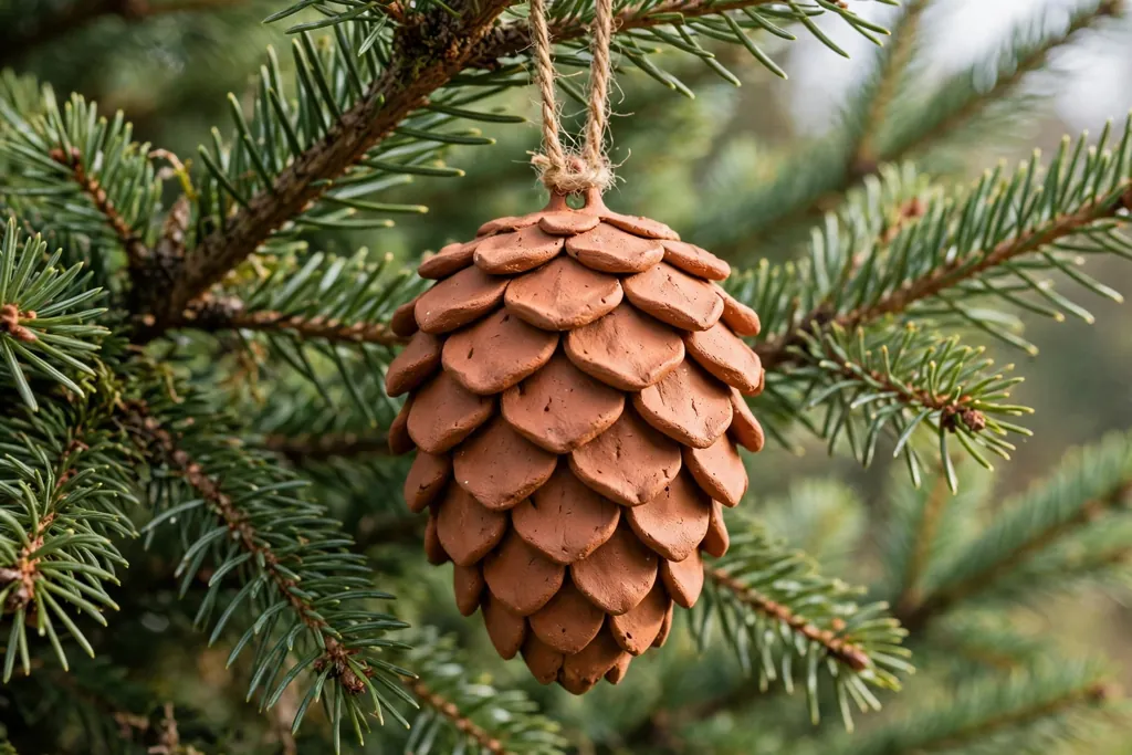 Terracotta clay pinecone ornament with layered scales hanging on a tree branch.