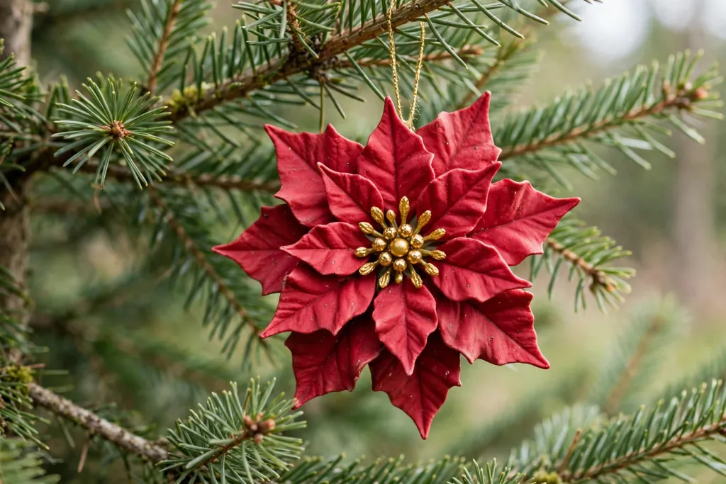 Red cold porcelain poinsettia blossom ornament with a gold center hanging on a tree branch.