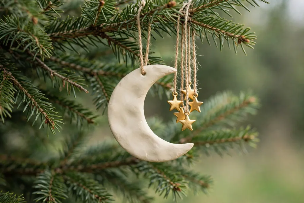 Cream clay crescent moon and small gold star ornaments hanging on a tree branch.