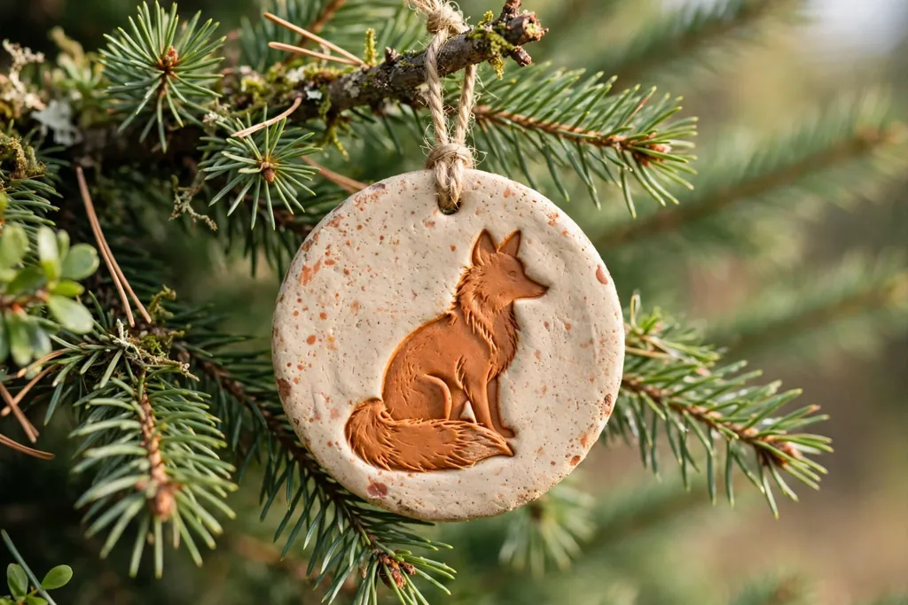 Round polymer clay disc ornament with a pressed fox silhouette hanging on a tree branch.