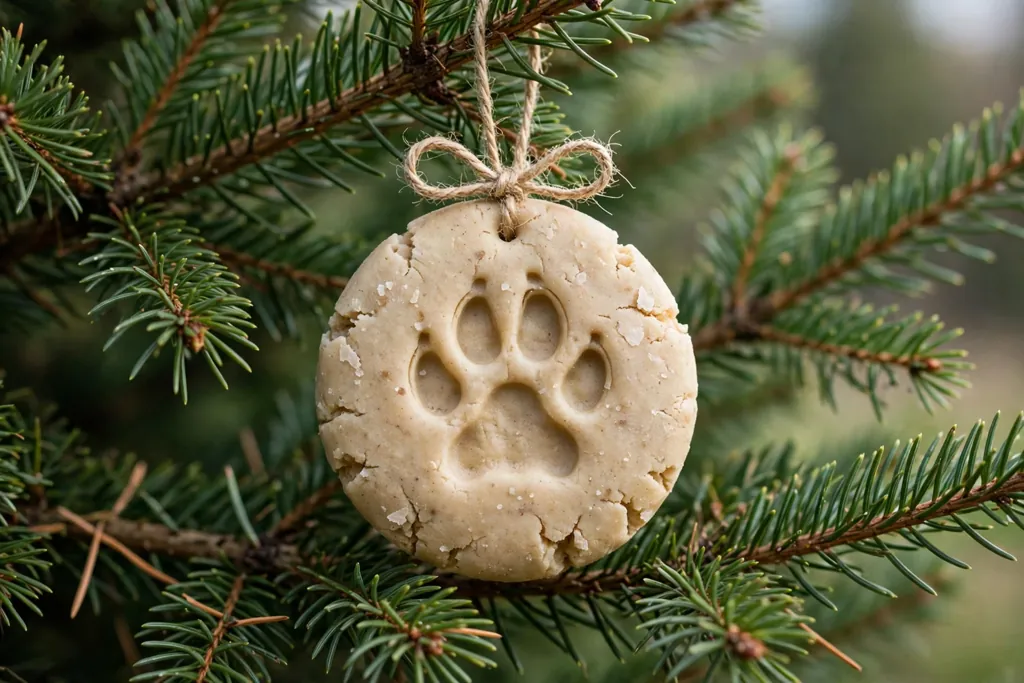 Salt dough ornament with a pet paw print hanging on a tree branch.