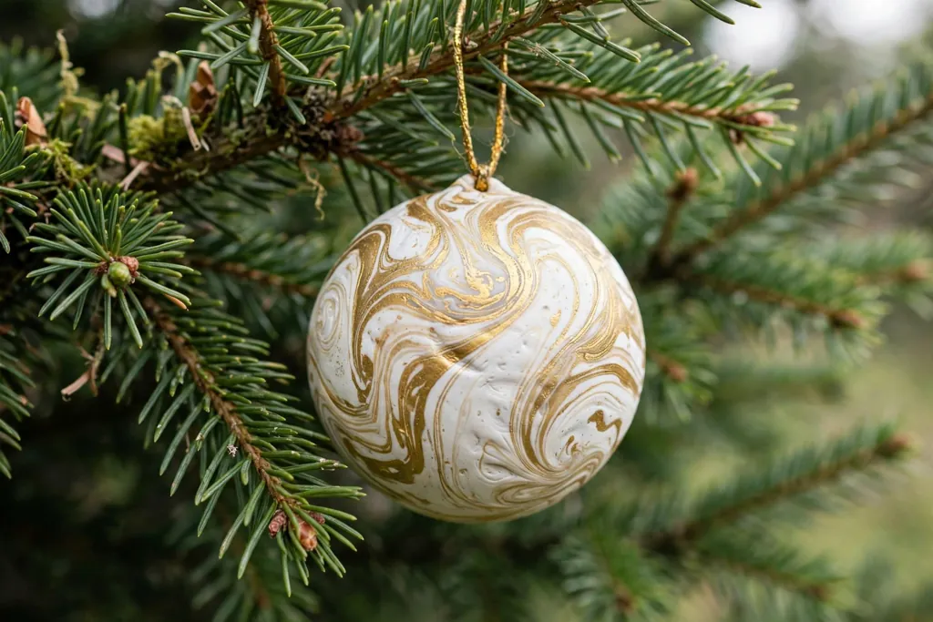 Marbled polymer clay bauble in white and gold hanging on a tree branch.