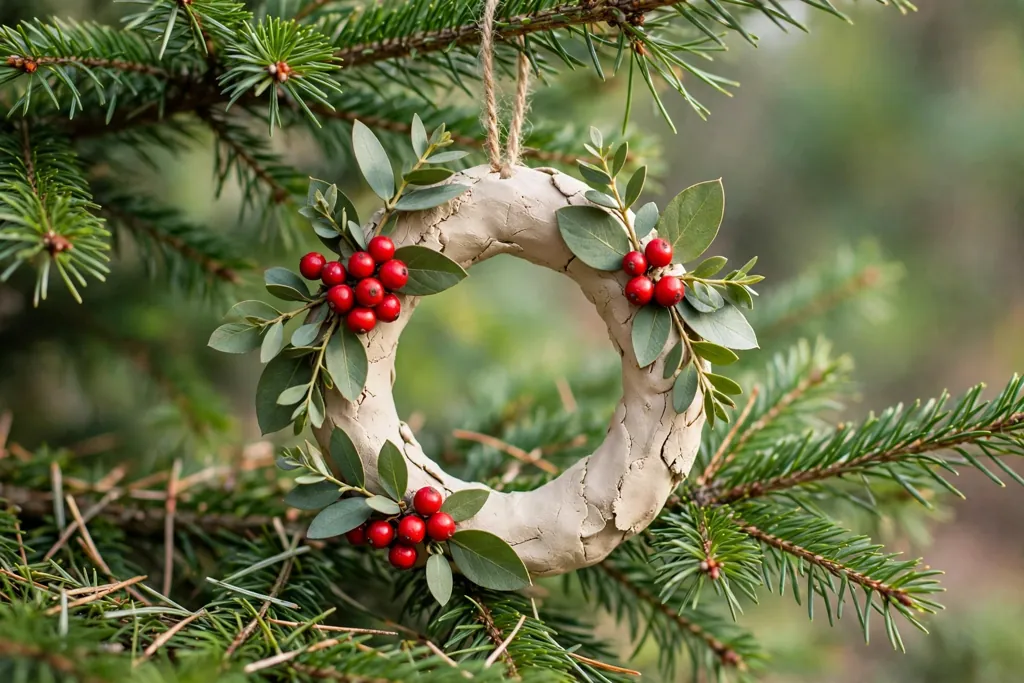 Air dry clay wreath ring ornament with green leaves and red berries hanging on a tree branch.
