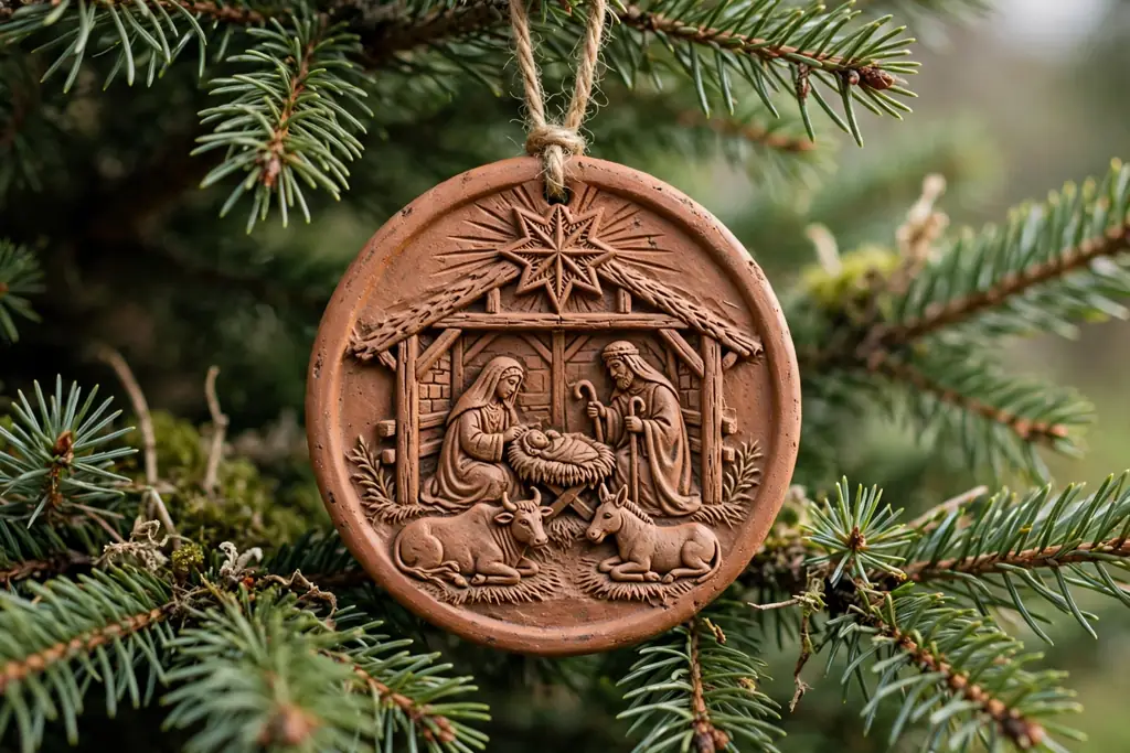 Round terracotta clay medallion ornament with a carved star and stable scene hanging on a tree branch.