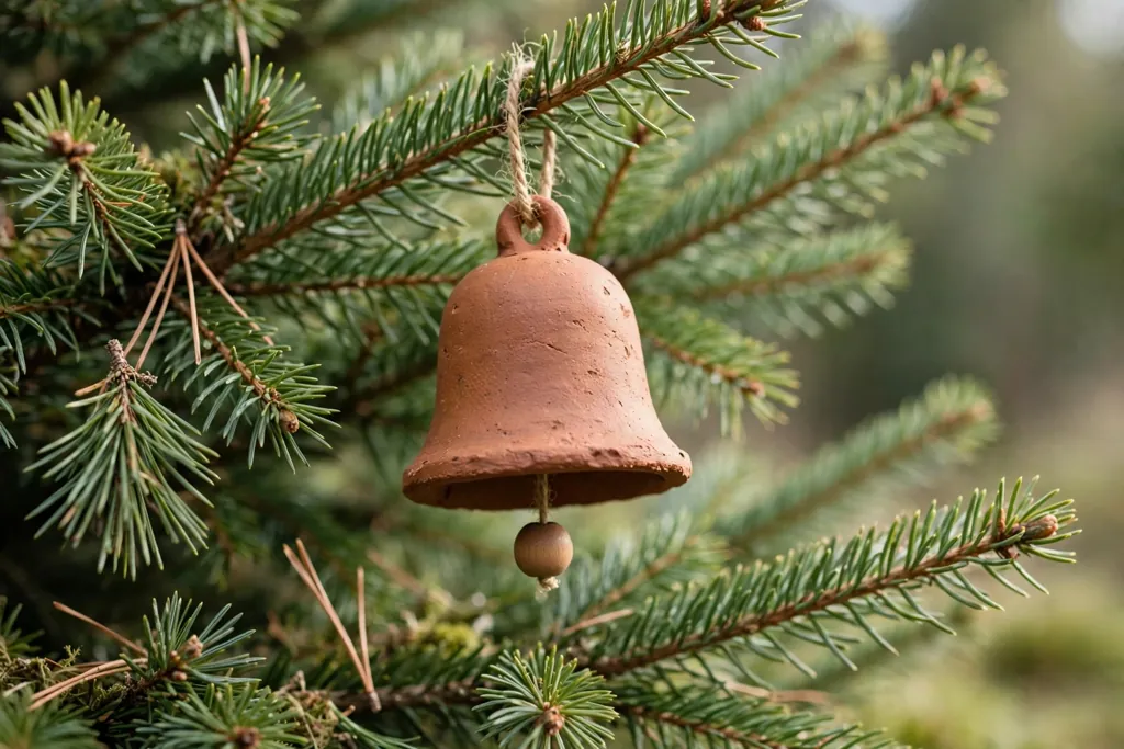 Terracotta clay bell ornament with a small bead clapper hanging on a tree branch.