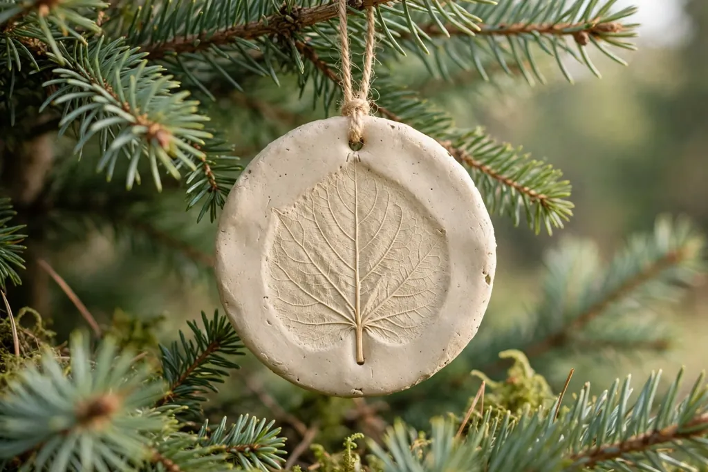 Round clay disc ornament with a pressed leaf vein pattern hanging on a tree branch.