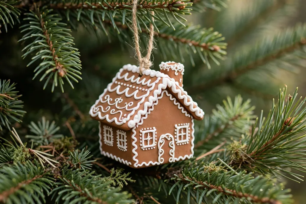 Small polymer clay gingerbread house ornament with white icing lines hanging on a tree branch.