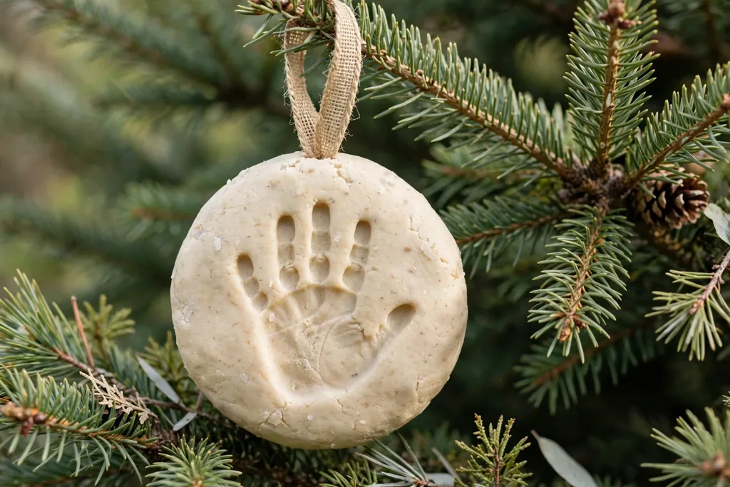 Salt dough ornament with a child's handprint hanging on a tree branch.