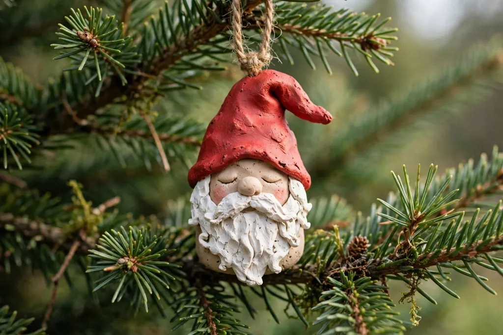 Sculpted clay gnome ornament with a red hat and white beard hanging on a tree branch.