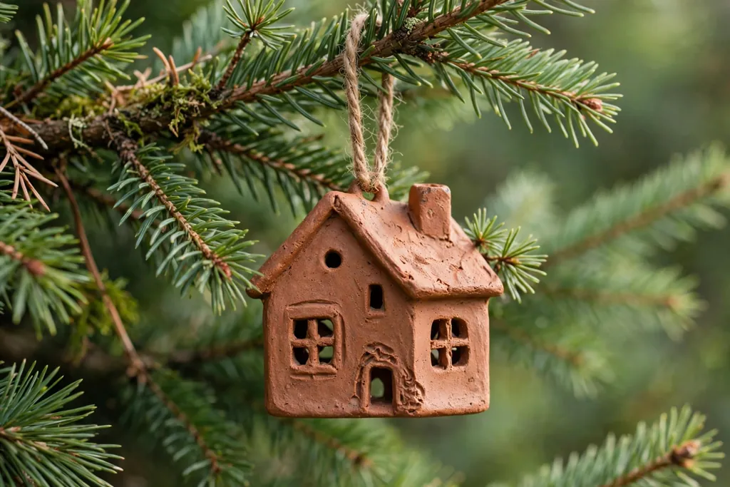 Terracotta clay village house ornament with cut out windows hanging on a tree branch.