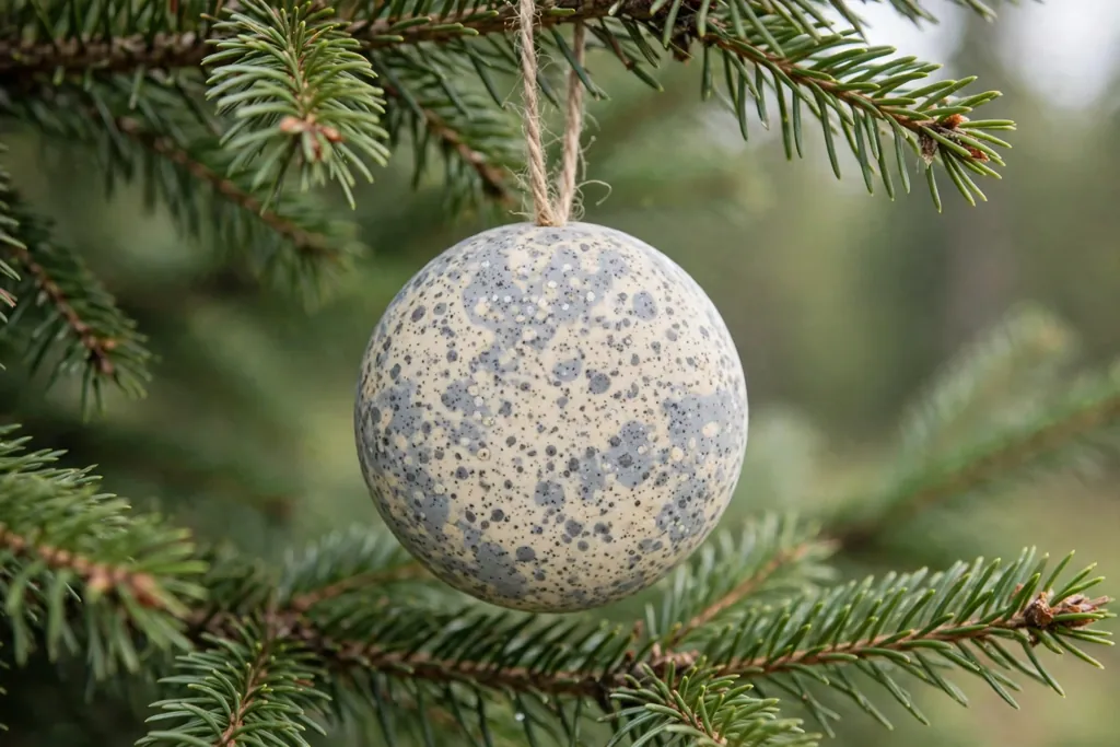 Speckled polymer clay pebble round ornament in grey and cream hanging on a tree branch.