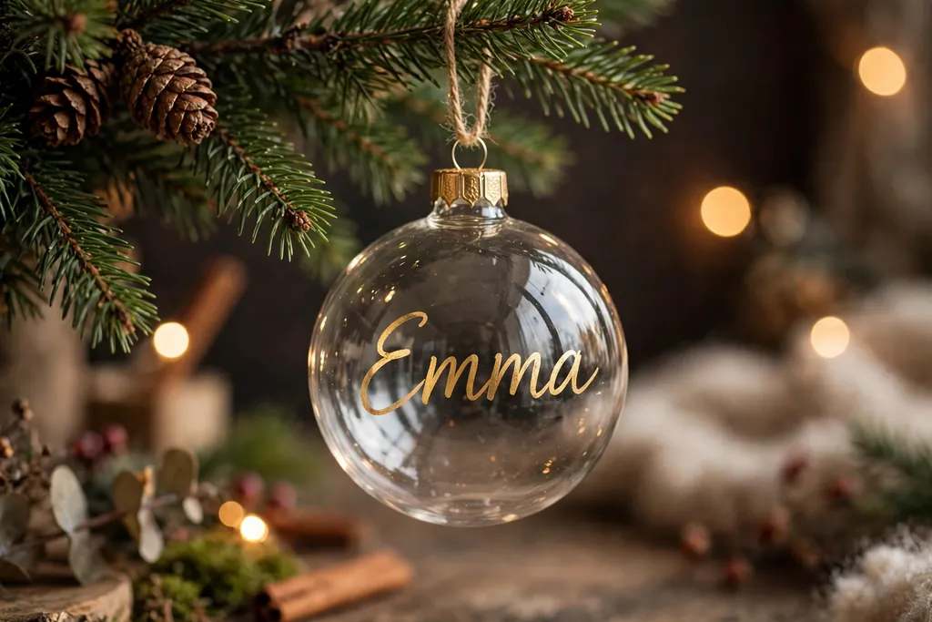 Clear Christmas ornament with a handwritten name in gold pen hanging on a tree branch.
