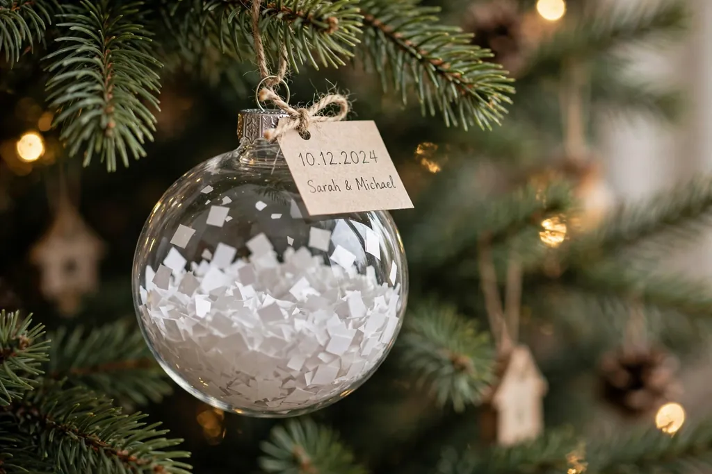Clear ornament with wedding names and a date written on it filled with white confetti.