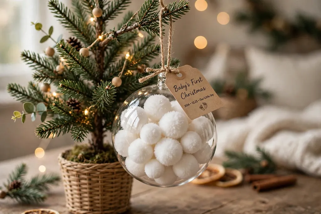 Clear ornament filled with soft white pom poms and a baby first Christmas tag on a small tree.
