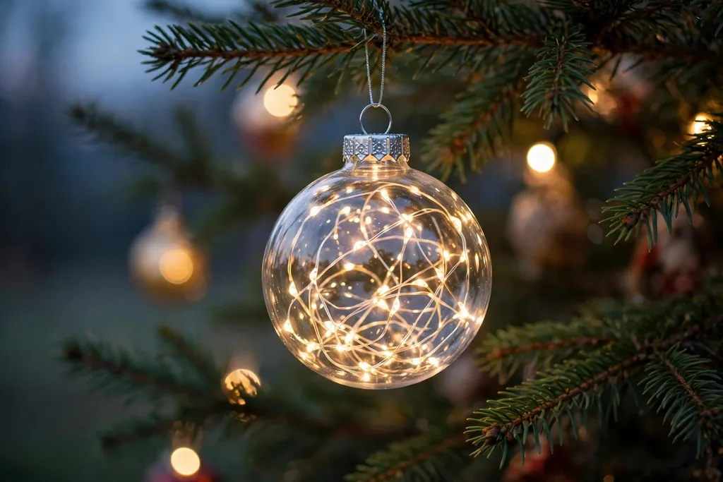Clear ornament glowing with tiny warm white lights inside hanging on a tree at dusk.