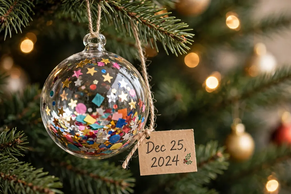 Clear ornament filled with colorful celebration confetti and a date tag on a tree.