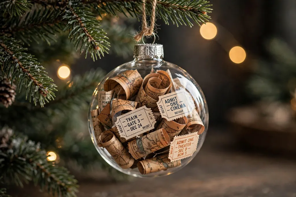 Clear ornament filled with curled map pieces and ticket stub copies on a tree branch.