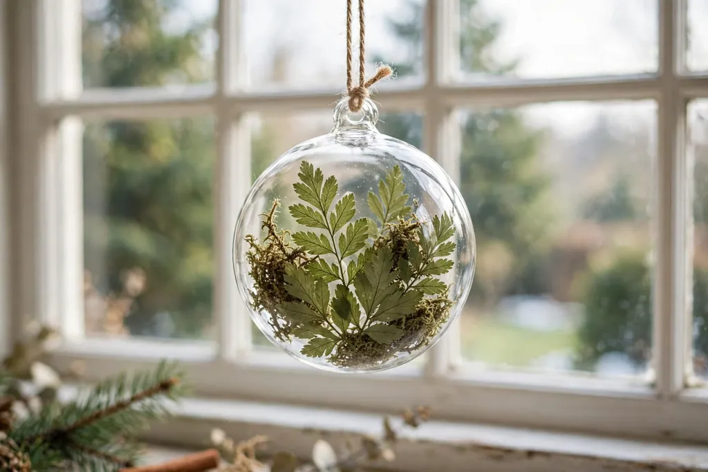 Clear ornament with pressed green leaves and dried moss inside hanging in a window.