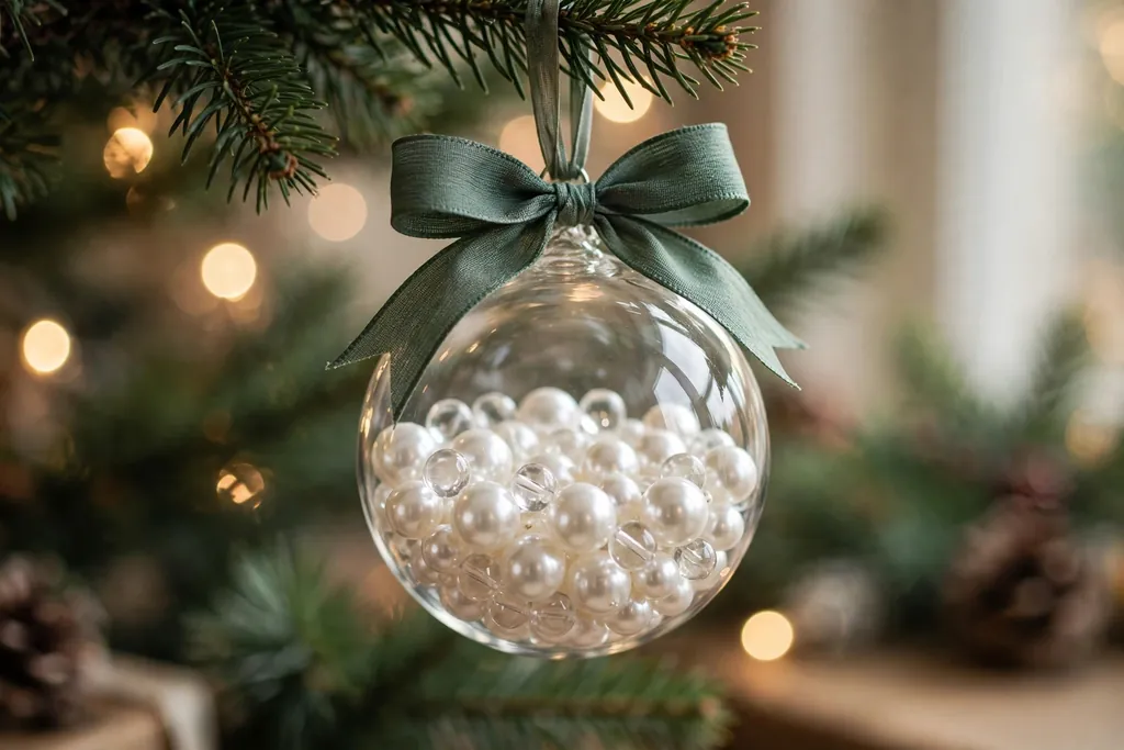 Clear ornament filled with pearls and clear beads with a ribbon bow at the cap on a tree.