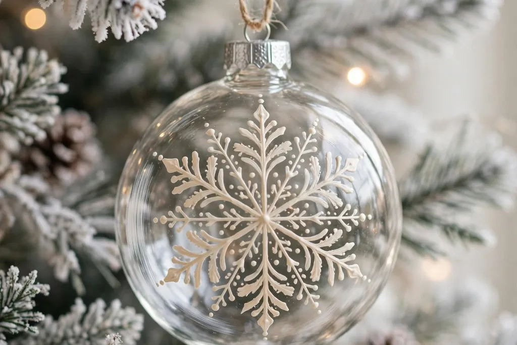 Clear ornament painted with a cream snowflake design on a winter white tree.