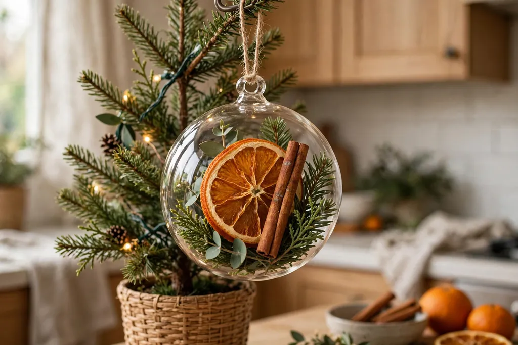 Clear ornament with a dried orange slice, cinnamon stick, and greenery inside on a kitchen tree.