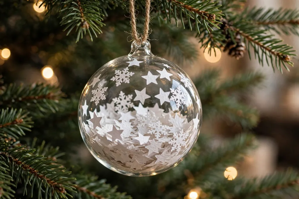 Clear ornament filled with tiny white paper stars and snowflakes hanging on a tree.