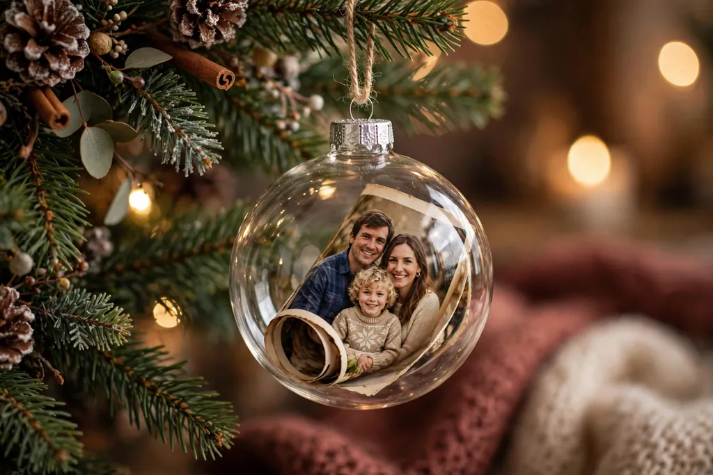 Clear ornament with a small family photo curled inside hanging on a Christmas tree.